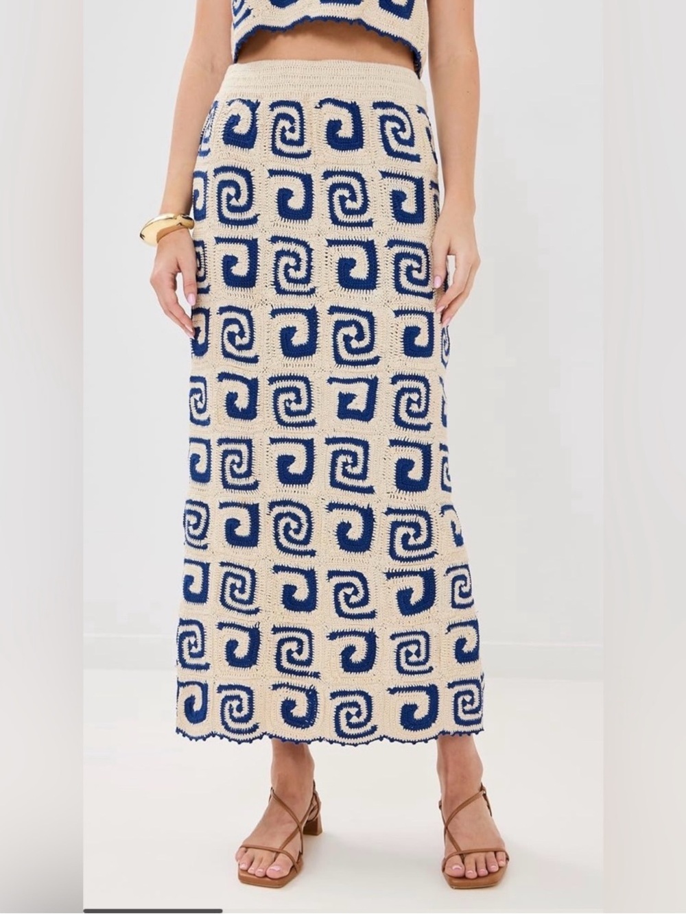 RHODE Cream & Navy Geometric Crochet Maxi Skirt